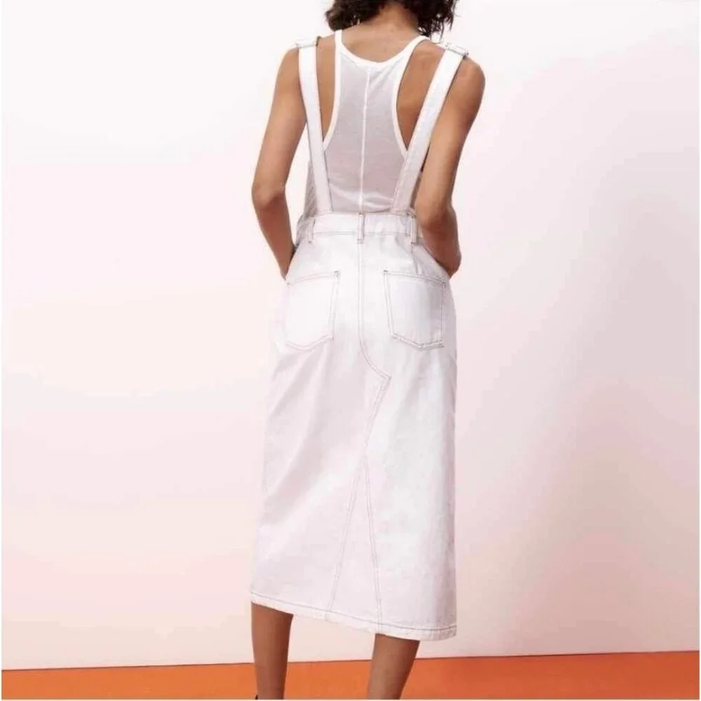 Zara Off White Brown Stitches Denim Overall Dress Bib Skirt Size Medium - Picture 5 of 14